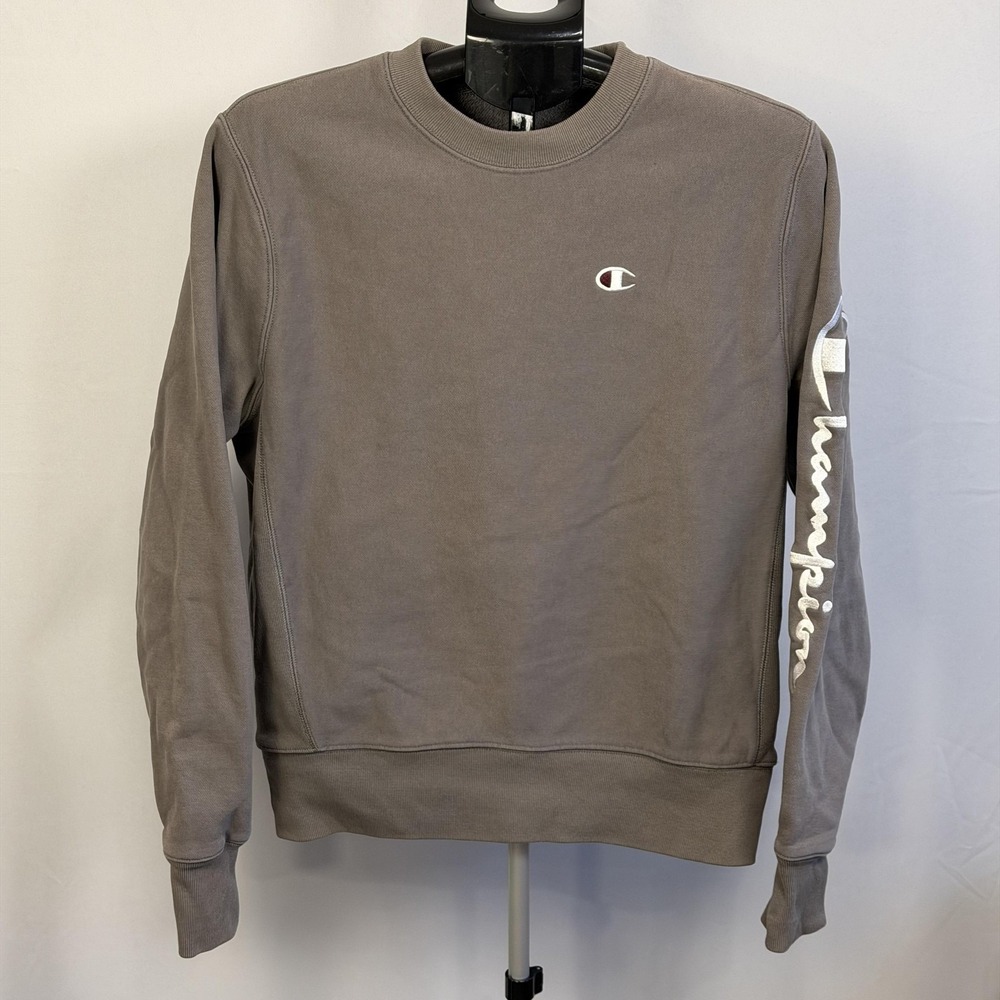 Champion Sweatshirt Mens Medium Gray Reverse Weave Crewneck‎ Logo Sleeve Fleece